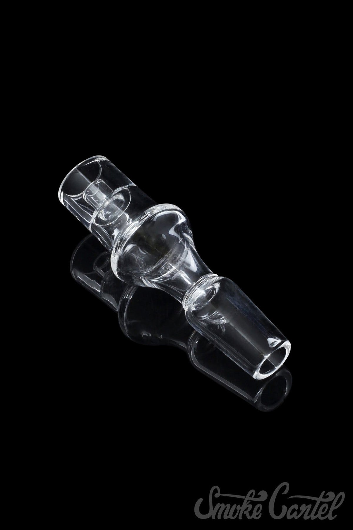 A close-up shot of the Domeless Quartz Nail for Heating Coils, displaying its clear quartz construction and angled design.
