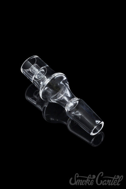 A close-up shot of the Domeless Quartz Nail for Heating Coils, displaying its clear quartz construction and angled design.