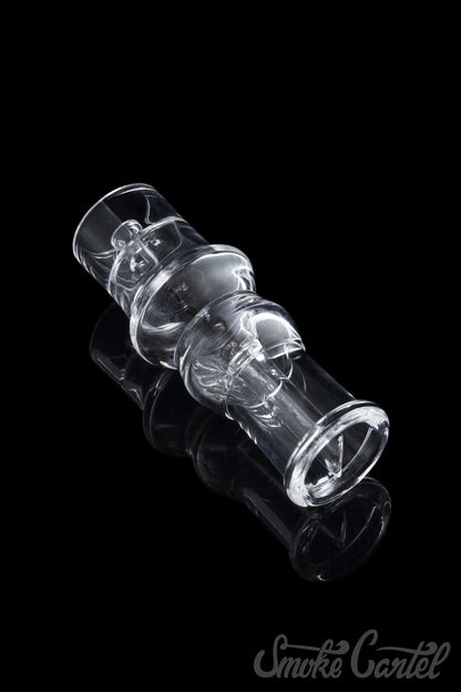 A close-up shot of the Domeless Quartz Nail for Heating Coils, featuring a clear, cylindrical design against a dark background.