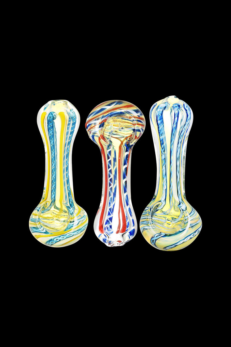 Front view of the DNA Twist Spoon Pipe, showcasing its colorful, swirling glass design against a dark backdrop.