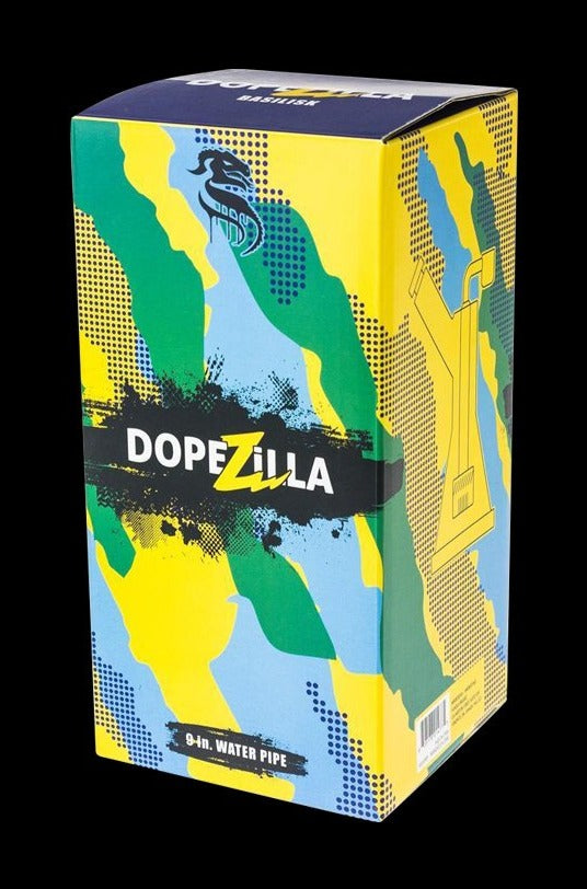 Front view of the Dopezilla Basilisk Dab Rig Bubbler with Banger, showcasing its colorful, patterned glass design.