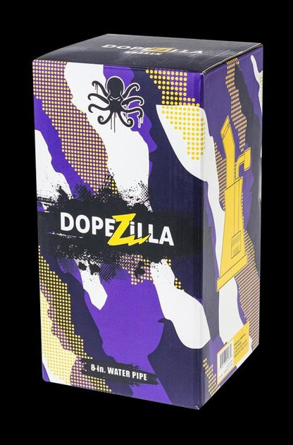 Front view of the Dopezilla Glass Dab Rig Bubbler - Kraken, showcasing a colorful, patterned glass bubbler with a unique design.