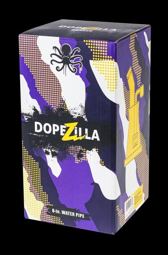 Front view of the Dopezilla Glass Dab Rig Bubbler - Kraken, showcasing a colorful, patterned glass bubbler with a unique design.