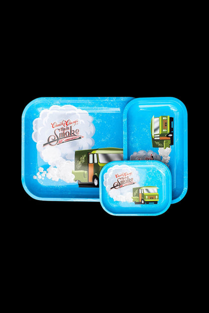 A top-down view of the Cheech & Chong 40th Anniversary Rolling Tray in blue, featuring a colorful illustrated design.