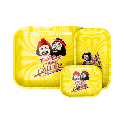 Overhead view of the Cheech & Chong 40th Anniversary Yellow Rolling Tray, displaying a vibrant yellow surface with branded artwork.