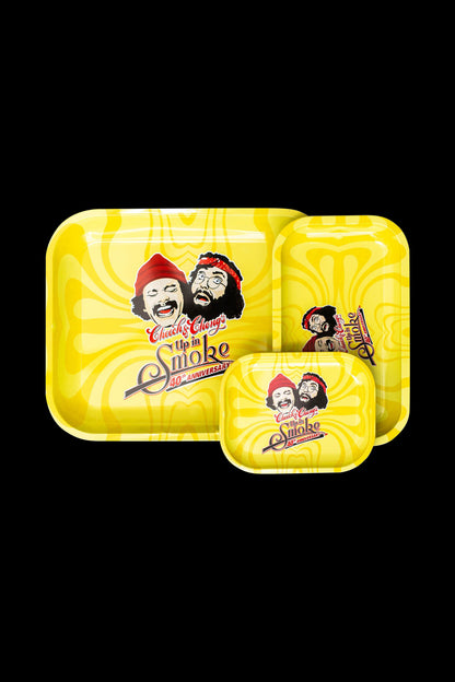 Overhead shot of the Cheech & Chong 40th Anniversary Yellow Rolling Tray, showcasing its vibrant yellow surface and rectangular shape.