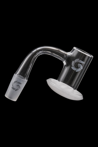 Clear quartz dab rig insert with etched logo, isolated on black.