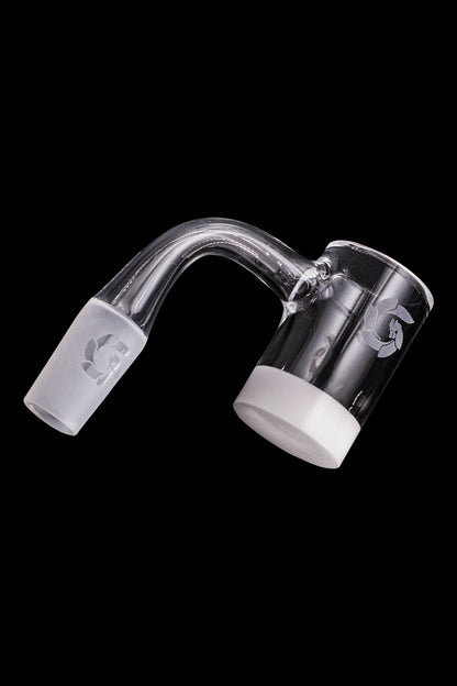 Clear glass dab rig with white accents and logo.