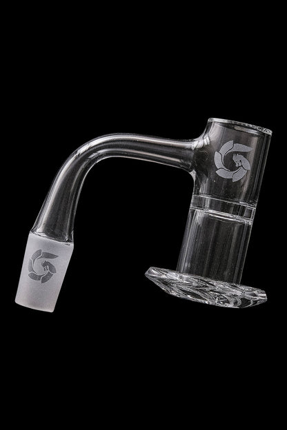 Clear glass dab rig with a curved neck and intricate etched design, displayed against a black background.
