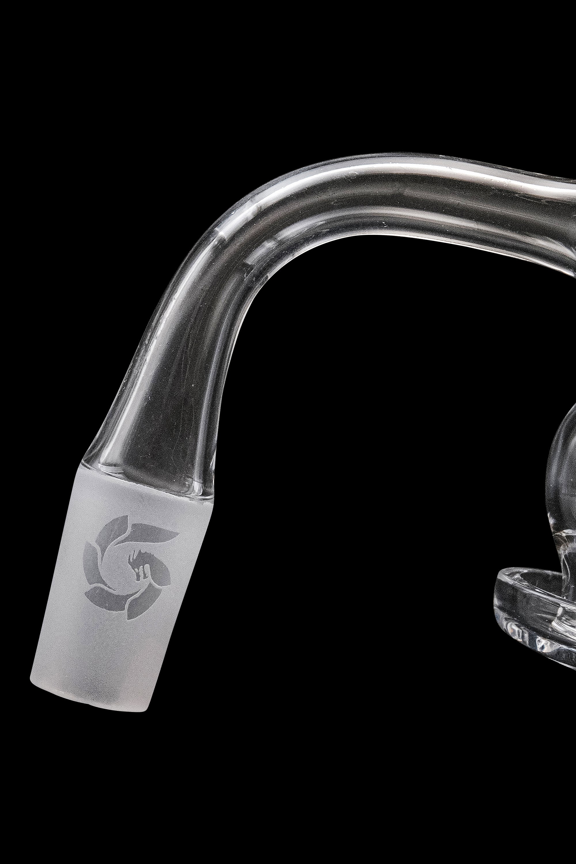 Clear glass cannabis oil rig attachment with frosted logo.