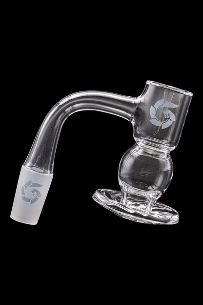 Clear glass dab rig with etched logo and rounded base.