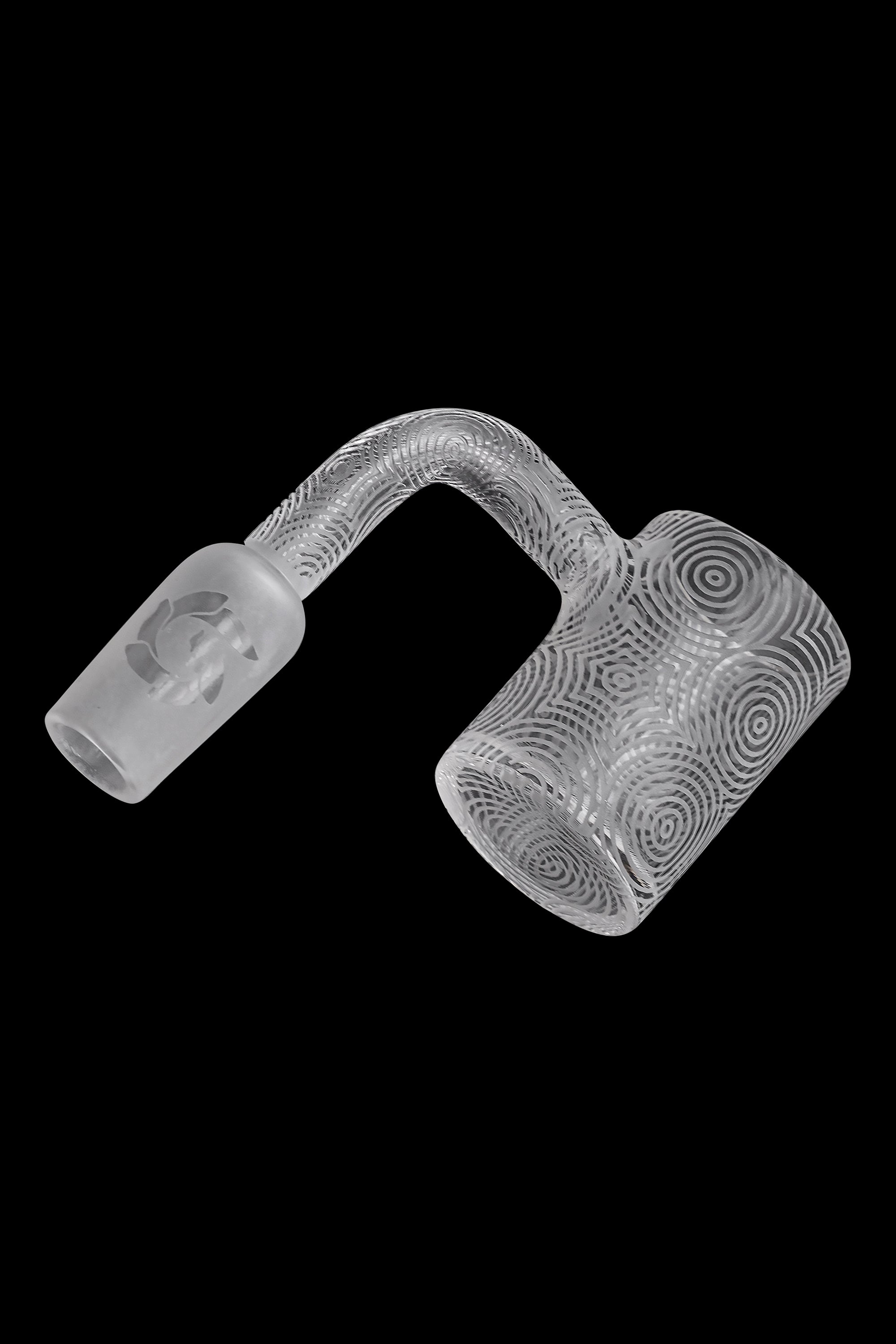 Frosted glass cannabis dab rig nail with intricate swirling patterns and a floral design.