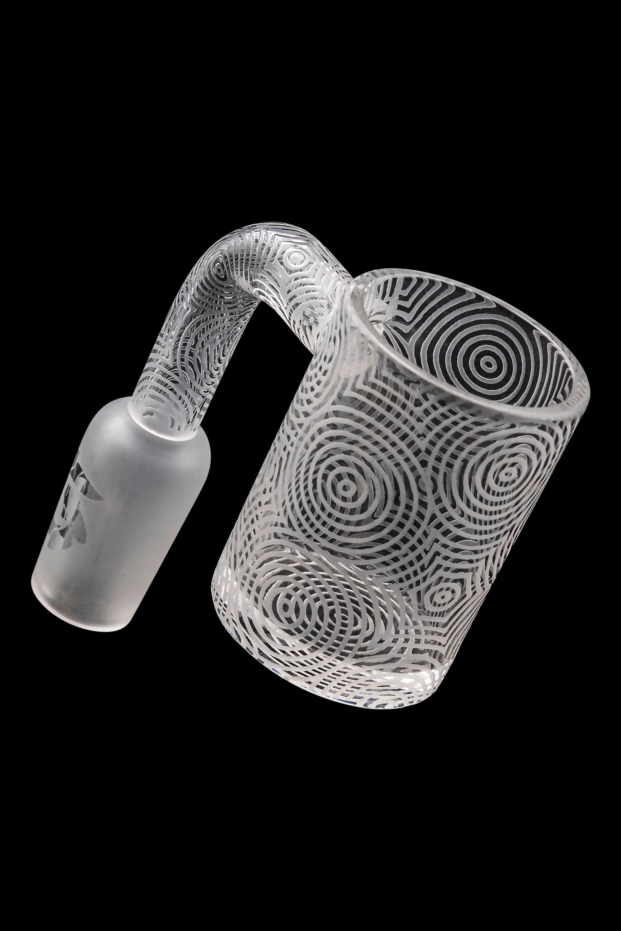 Frosted glass cannabis oil rig with intricate swirling patterns.