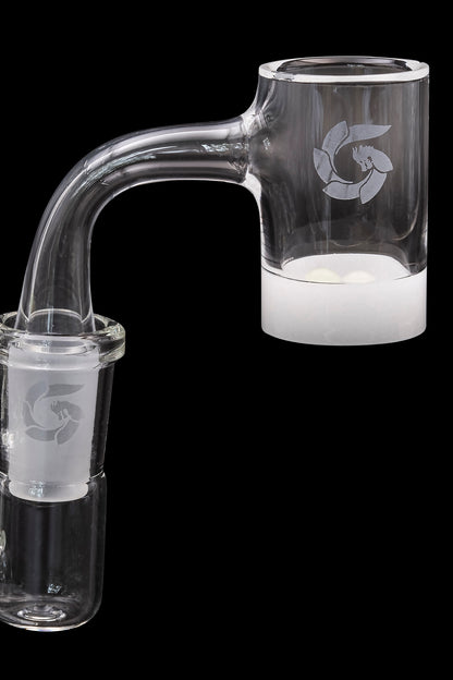 Clear glass dab rig attachment with a frosted white base and etched logo.