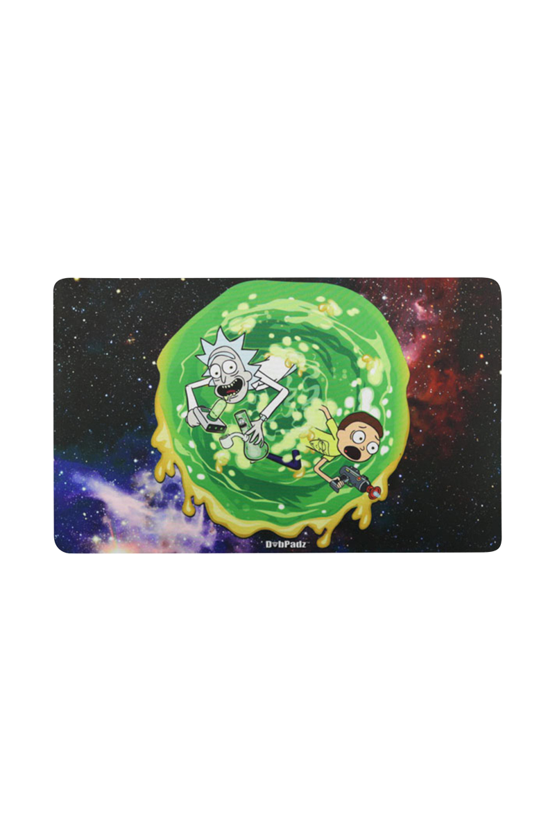The DabPadz "Richard & Marty Wax Portal" Dab Mat displays a colorful, swirling portal design with characters peering through.