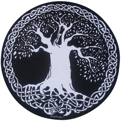 The DabPadz Tree of Life Round Fabric Top Dab Pad features a detailed, circular design with a tree motif against a dark background.