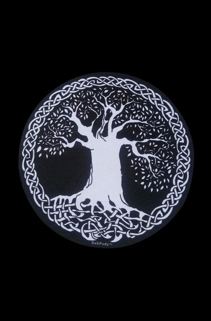 The DabPadz Tree of Life Round Fabric Top Dab Pad is shown in a close-up, top-down view with a detailed, circular design.