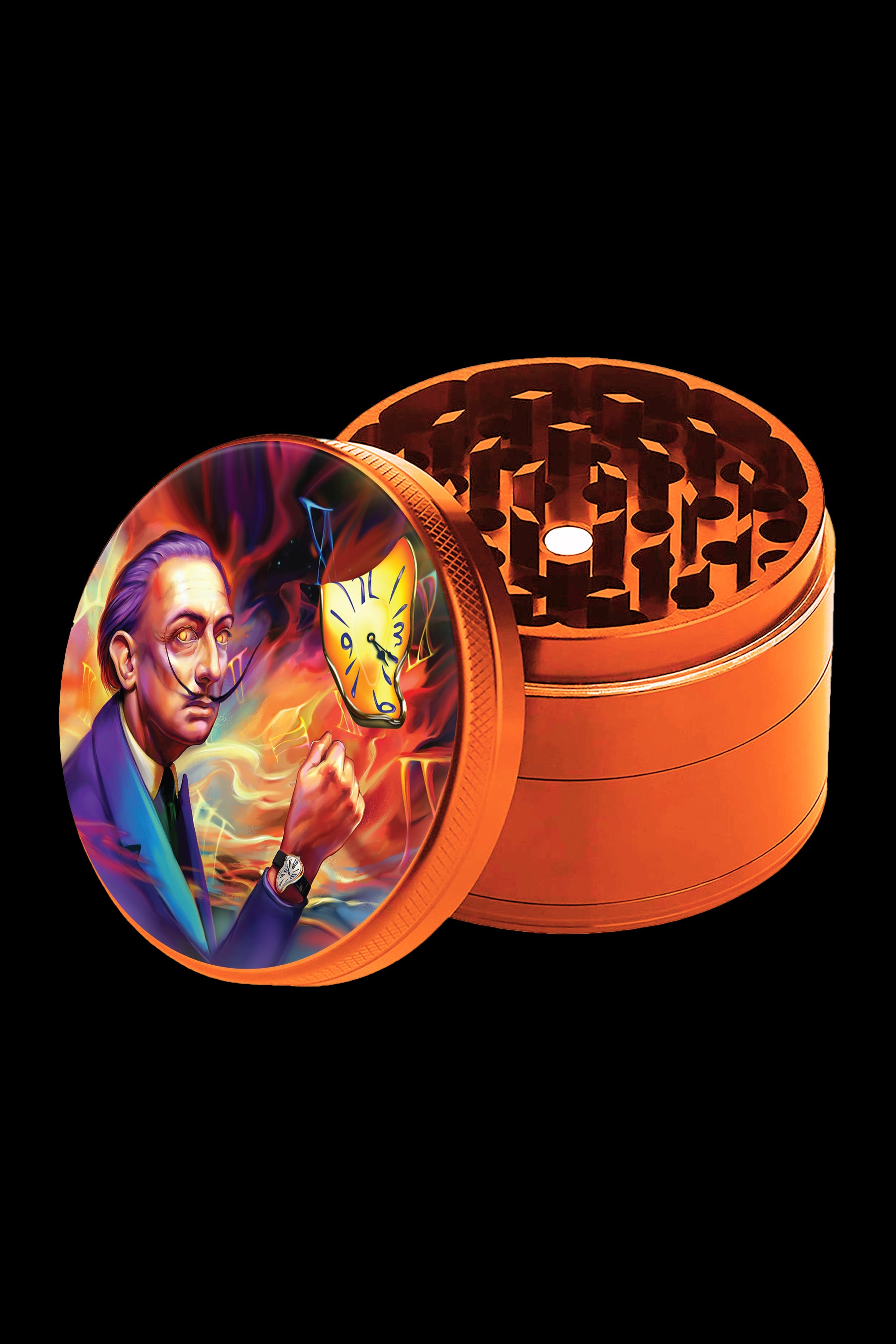 Orange grinder with a surrealist painting of Salvador Dali on the lid.