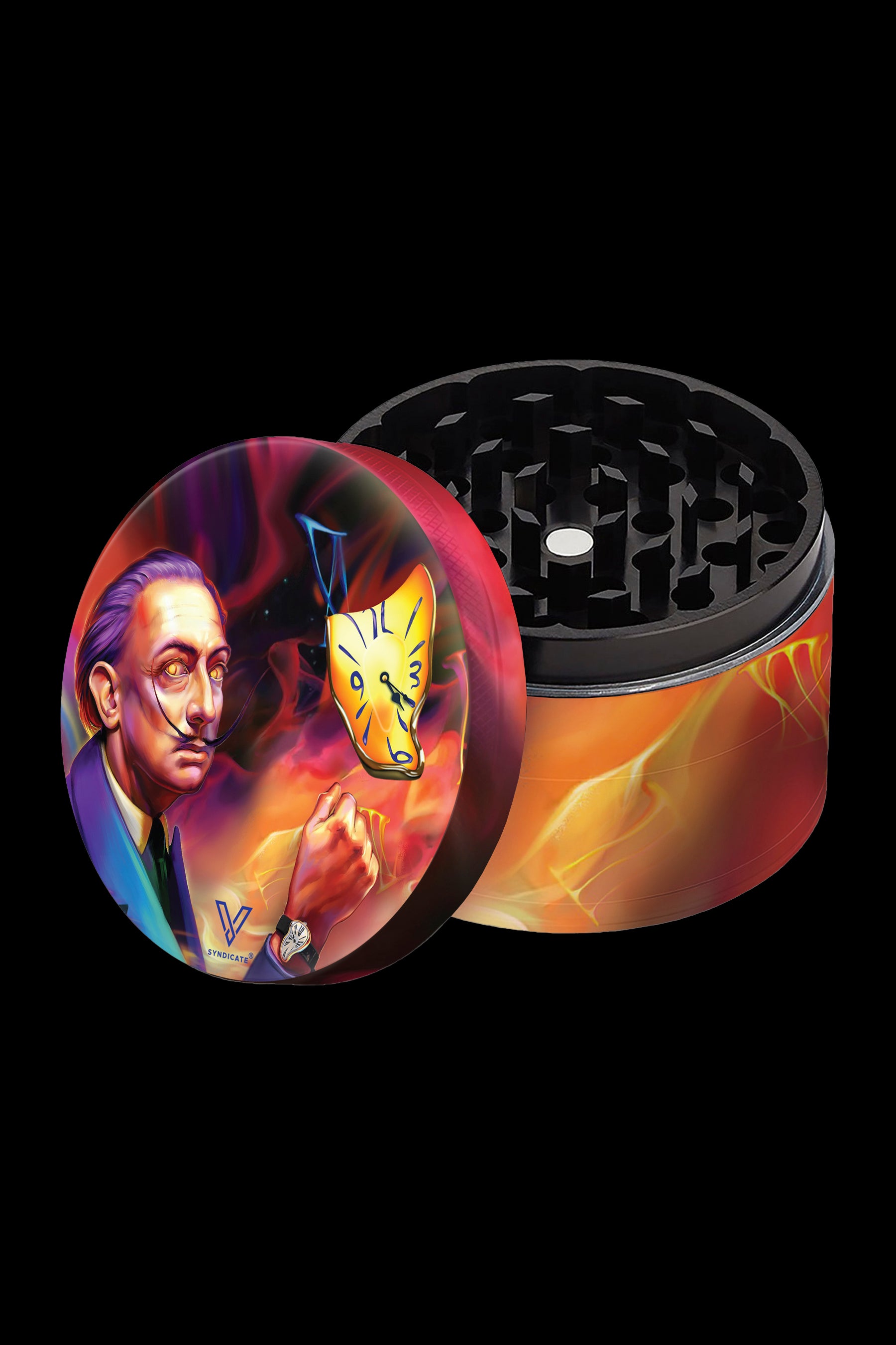 A cannabis grinder featuring a Surrealist design inspired by Salvador Dalí’s “The Persistence of Memory,” with melting clocks and a portrait of Dalí on a vibrant orange and purple background.