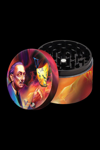 A cannabis grinder featuring a Surrealist design inspired by Salvador Dalí’s “The Persistence of Memory,” with melting clocks and a portrait of Dalí on a vibrant orange and purple background.