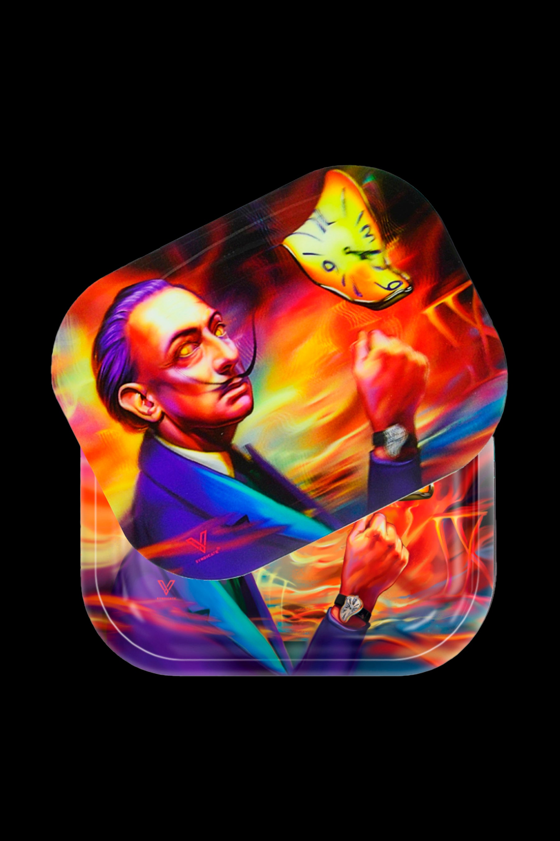 Salvador Dalí-inspired rolling tray featuring a vibrant, distorted depiction of the artist and his melting clocks.
