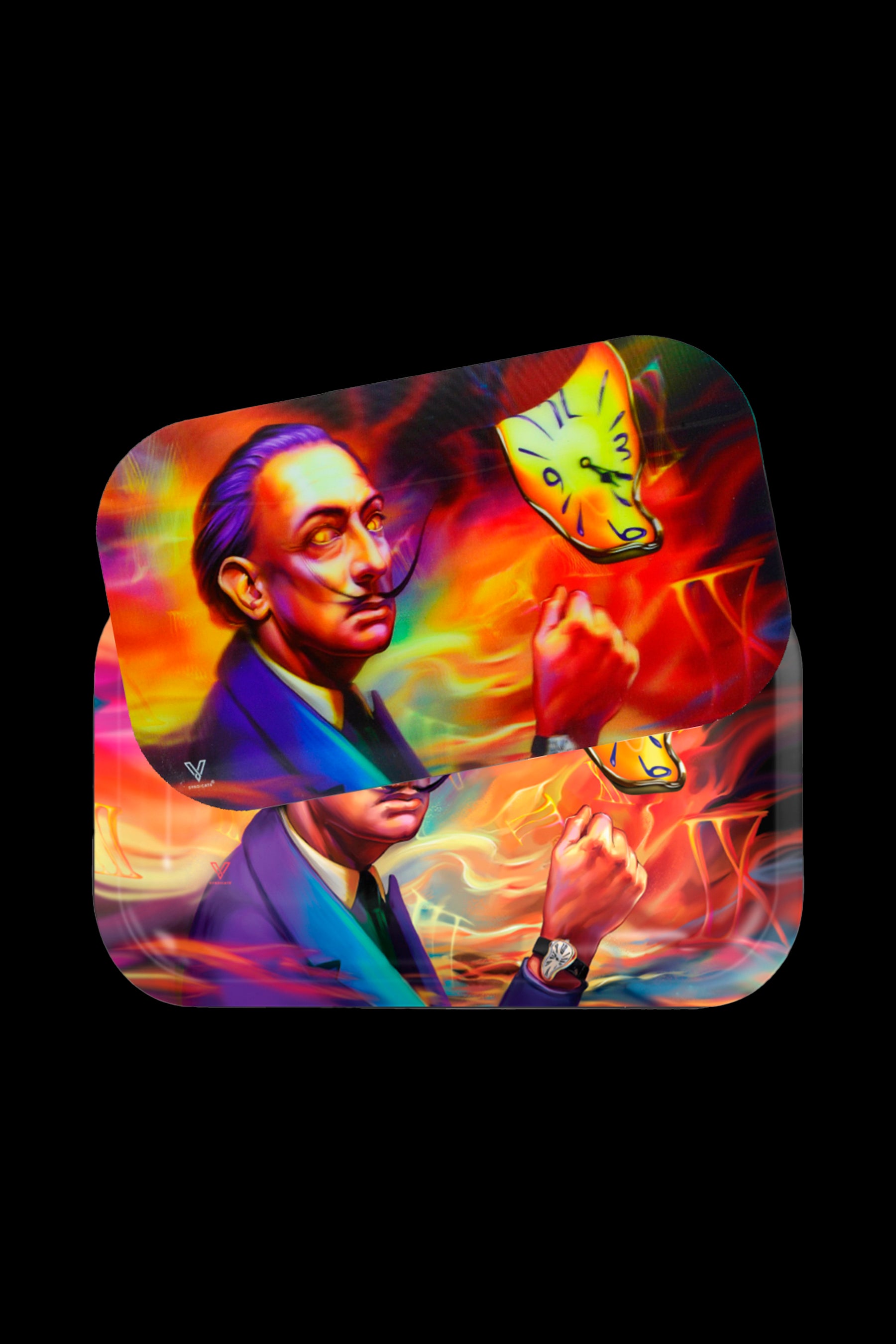 Salvador Dalí-inspired rolling tray featuring melting clocks and a portrait of the artist, with vibrant psychedelic colors.
