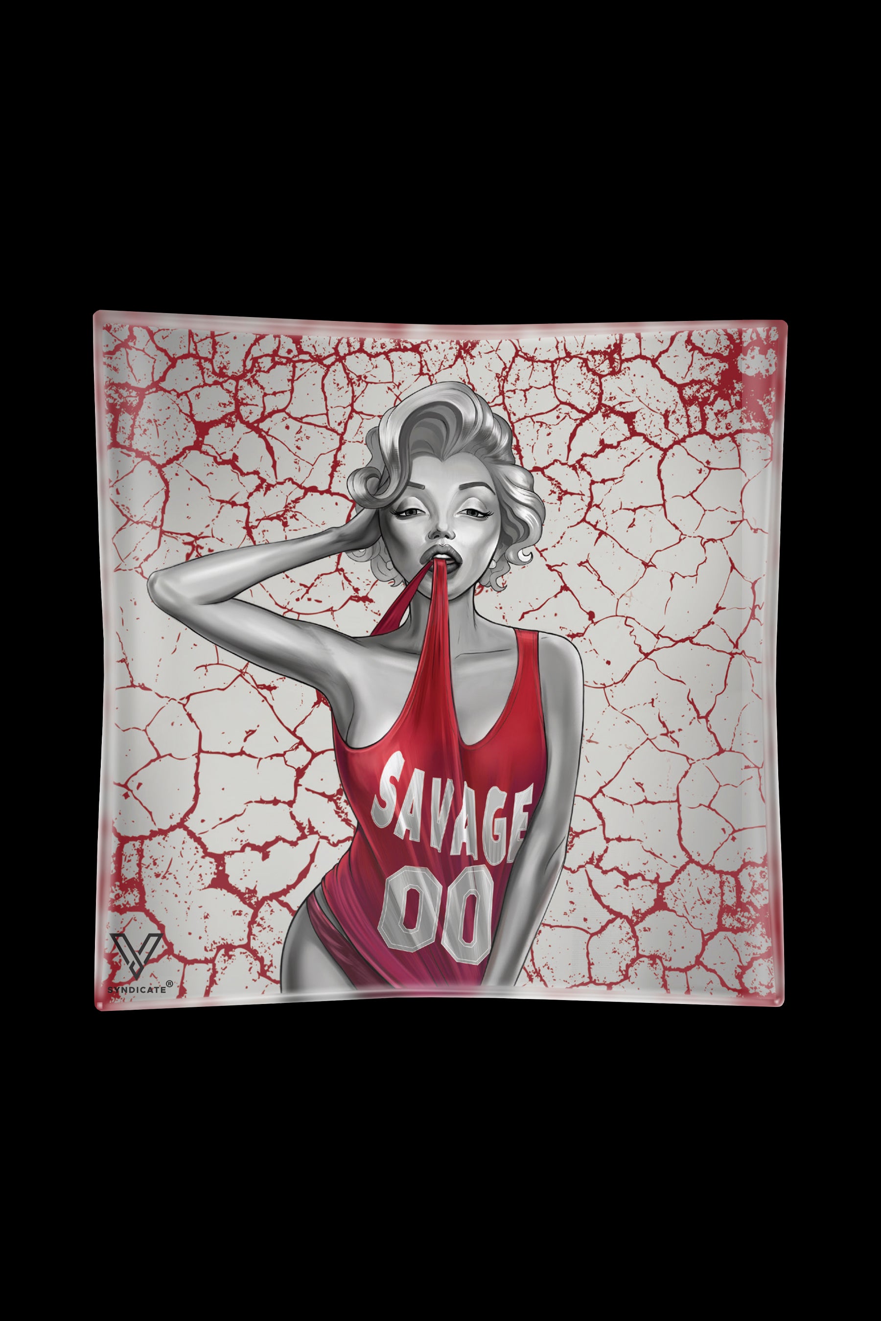 A glass ashtray featuring a stylized black and white illustration of Marilyn Monroe in a red tank top with "SAVAGE" printed on it, set against a cracked red and white background.