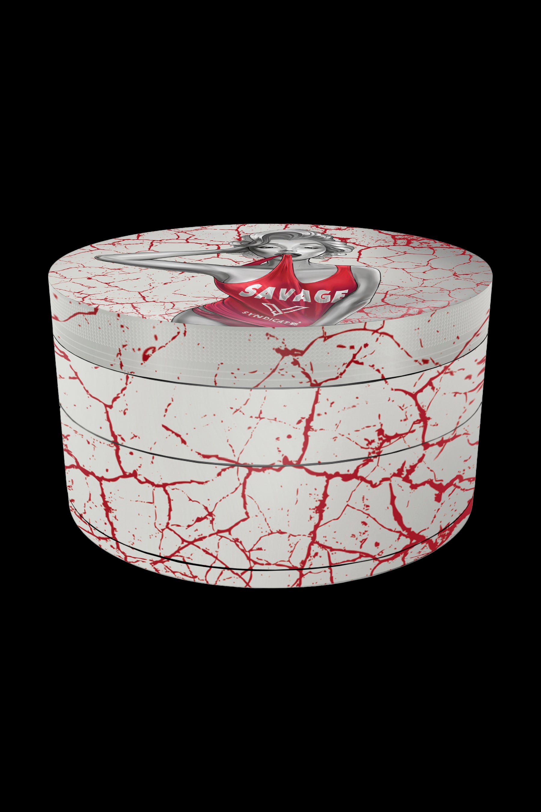 Red and white four-piece cannabis grinder with a skull graphic on the lid.