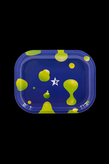 Blue rolling tray with scattered green slime-like bubbles and a white star.