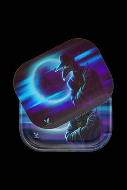 Two stacked rolling trays featuring a dark, stylized illustration of a figure in a plague doctor mask with vibrant blue and purple nebula-like swirls.