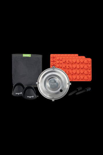 Ongrok cannabis concentrate extraction kit with stainless steel bowl, silicone bags, and collection tools on a black background. - ONGROK Easy Decarboxylation Kit