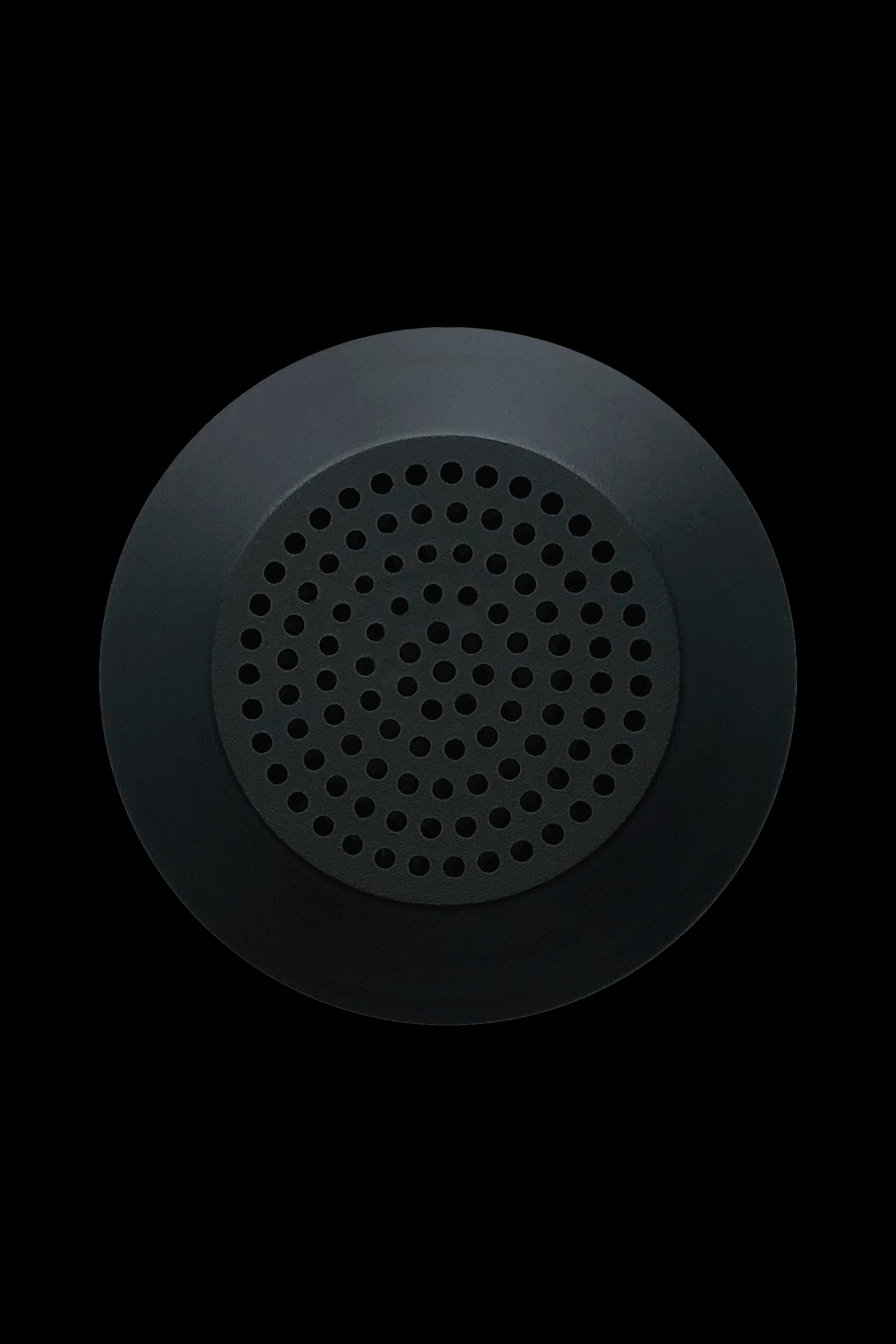 Close-up of a black, perforated cannabis oil vaporizer cartridge.