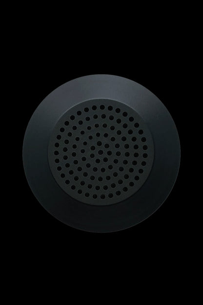 Close-up of a black, perforated cannabis oil vaporizer cartridge.