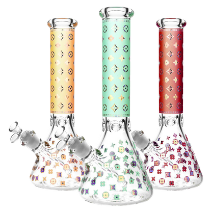 Front view of the Designer Floral Diamond Print Bong, a clear glass beaker with a colorful floral pattern and a wide base.