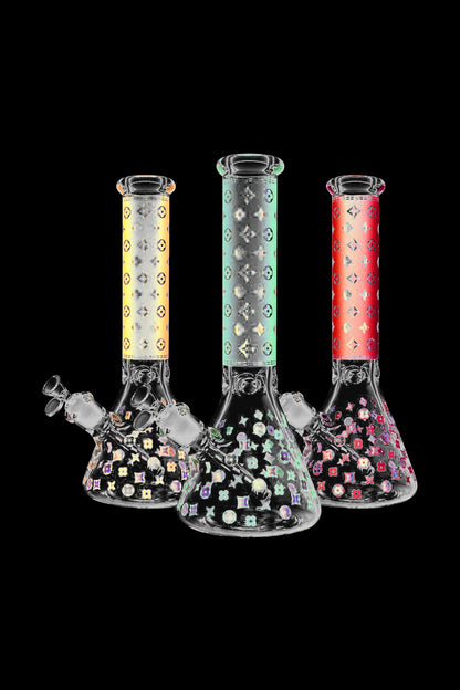 Front view of the Designer Floral Diamond Print Bong, showcasing a patterned glass piece against a dark backdrop.