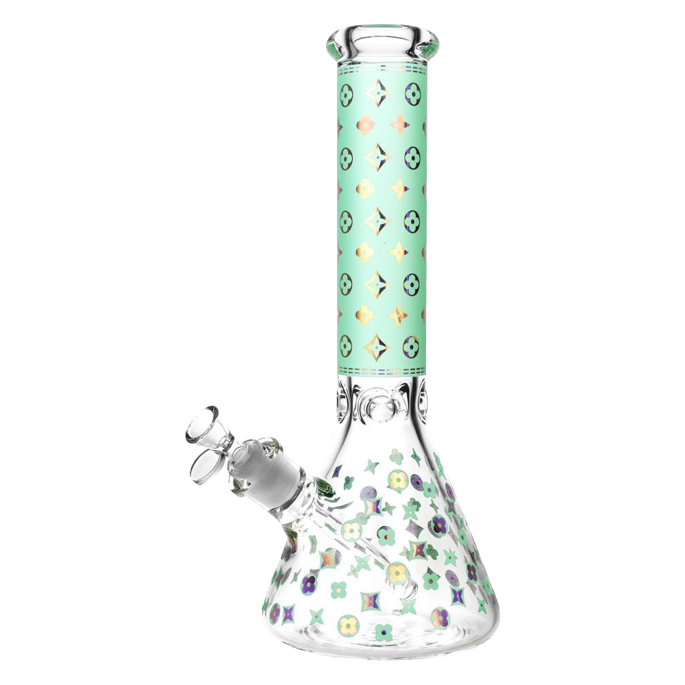 Front view of the Designer Floral Diamond Print Bong, a clear glass beaker with a colorful floral diamond pattern wrapping the neck.