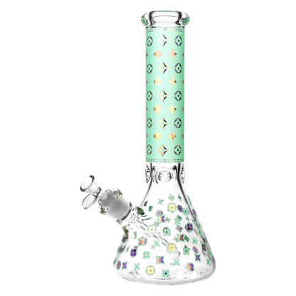 Front view of the Designer Floral Diamond Print Bong, a clear glass beaker with a colorful floral diamond pattern wrapping the neck.