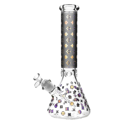 Front view of the Designer Floral Diamond Print Bong, a clear glass piece with a floral diamond pattern wrapping its body.