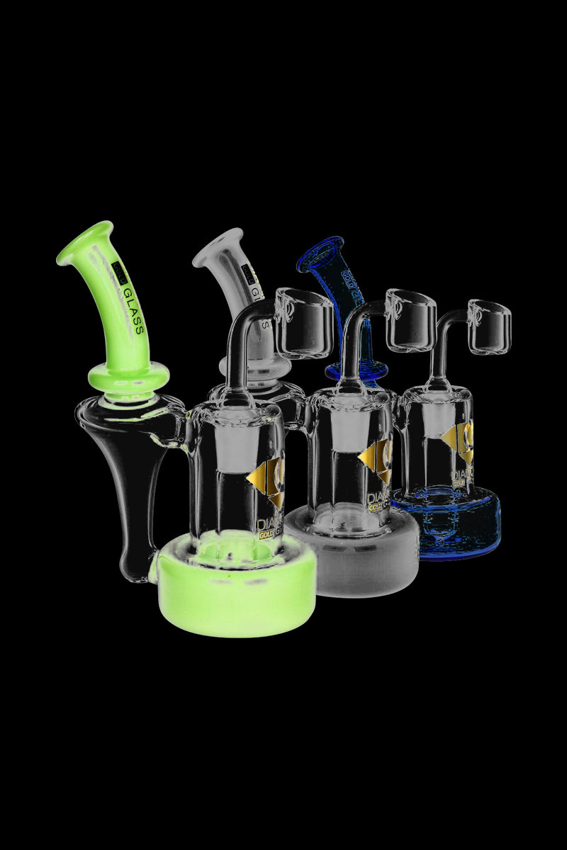 Three-quarter view of three Diamond Glass Hovership Rig pieces in staggered formation against a black background, the front rig accented in neon green.
