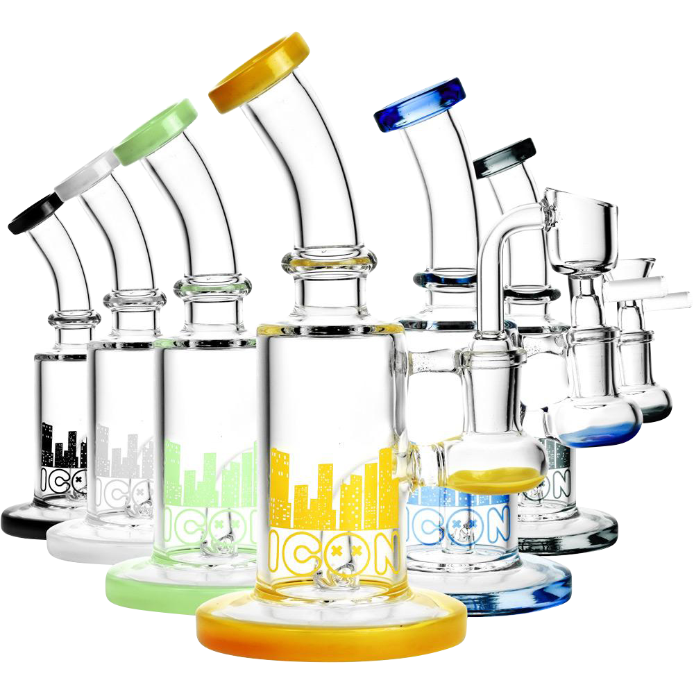 A front view of the Diamond Glass 'Hobbit' Dab Rig, displaying a clear glass build with a circular base and a curved neck.