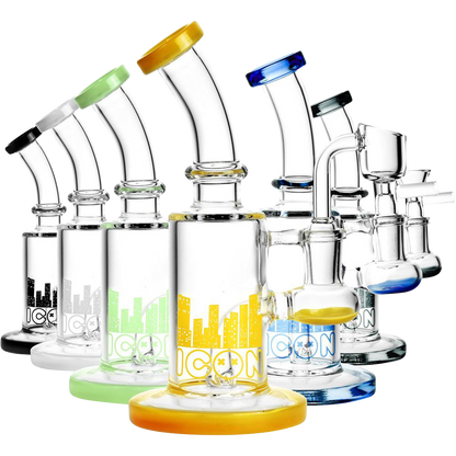 A front view of the Diamond Glass 'Hobbit' Dab Rig, displaying a clear glass build with a circular base and a curved neck.