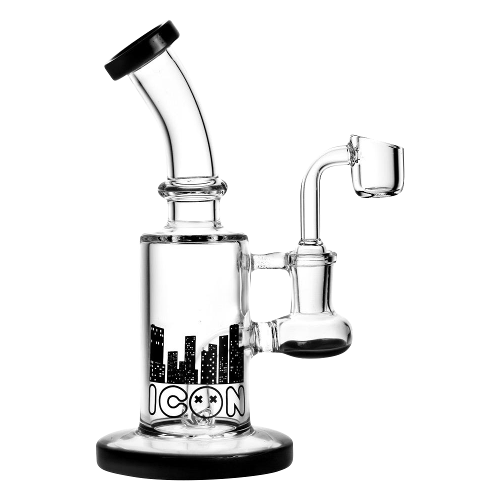 A three-quarter view of the Diamond Glass 'Hobbit' Dab Rig, featuring a clear glass body and angled joint.