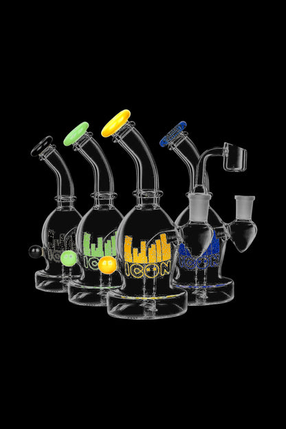 A studio shot of the Diamond Glass Icon Ori Dab Rig, displaying a clear glass rig from a slightly elevated angle against a black backdrop.