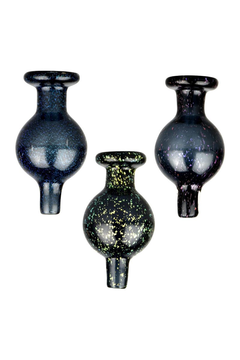 Front view of the Shiny Dicro Disco Ball Glass Carb Cap, showcasing its reflective, dark glass surface.