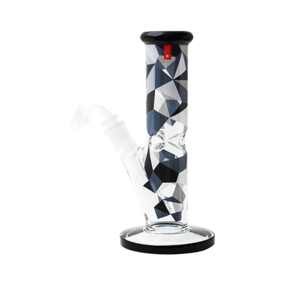 Front view of the Famous Brandz "Digital" Straight Tube Dab Rig, featuring a clear glass tube with a geometric pattern and a flat base.