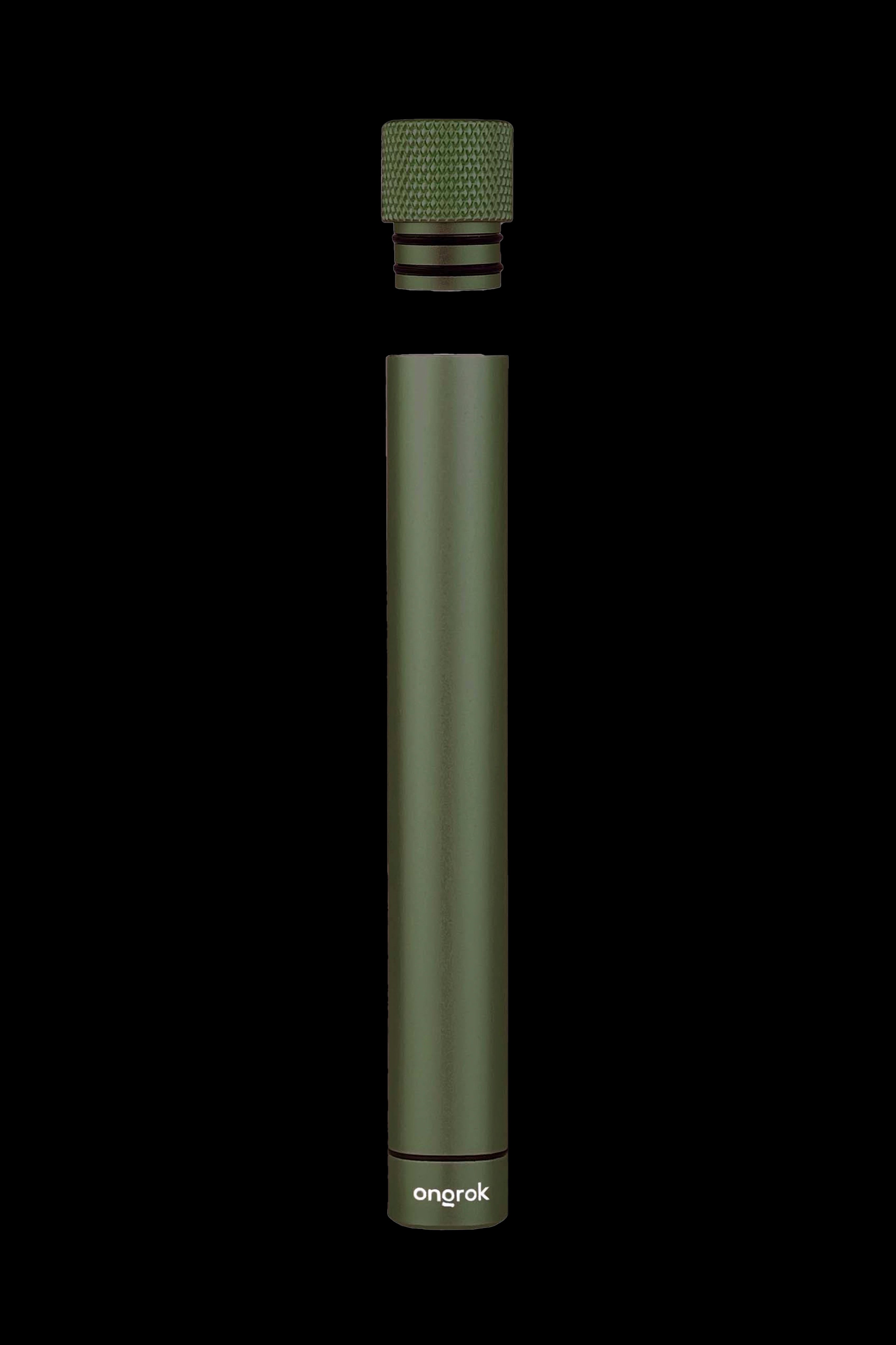 Olive green cannabis vaporizer pen with textured cap, branded "ongrok".