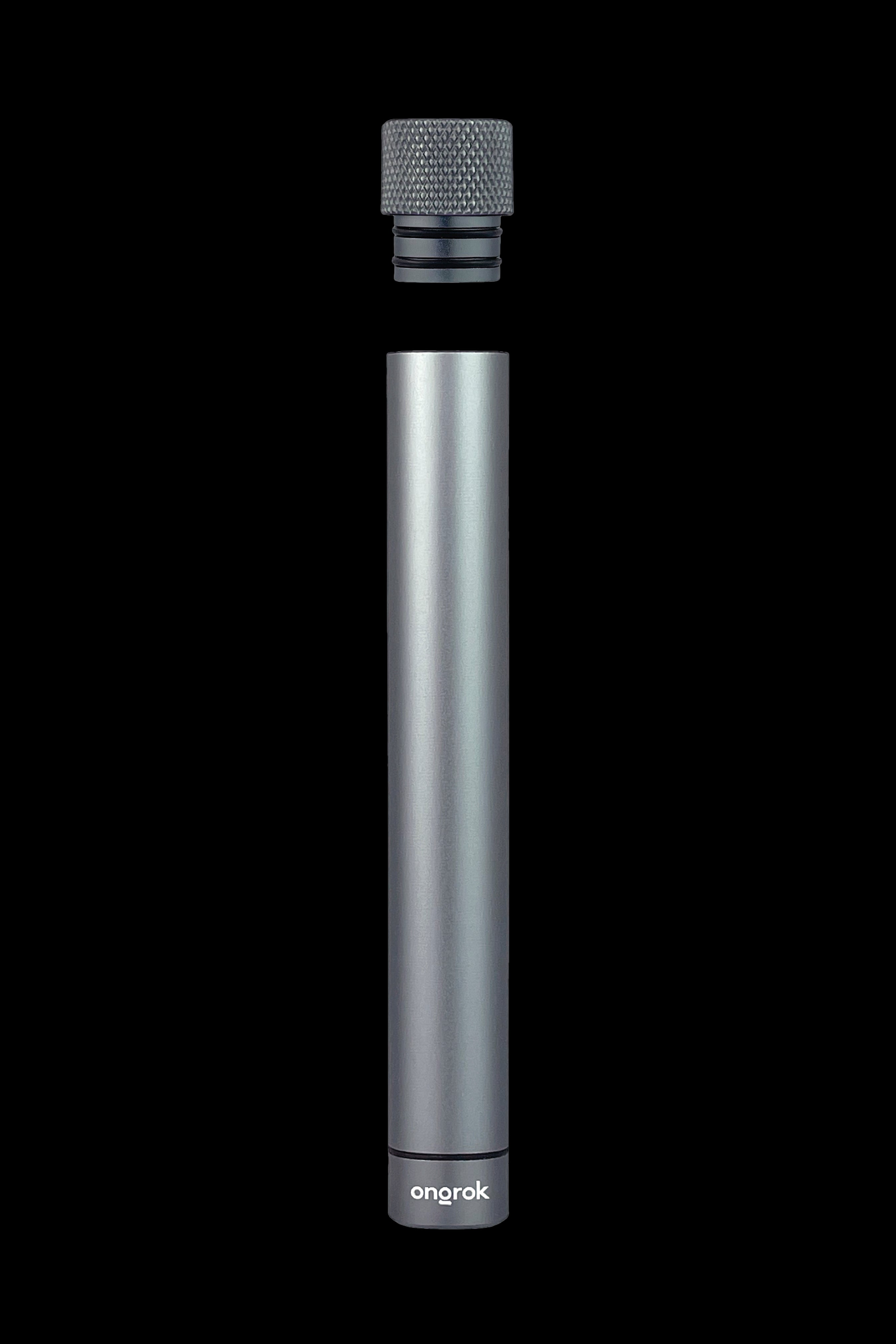 Sleek, cylindrical cannabis oil vape pen with separated mouthpiece on black background.