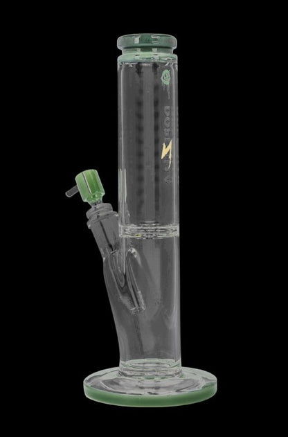 A straight-on view of the Dopezilla Cyclops Straight Tube Water Pipe, showcasing its clear glass construction and simple cylindrical form.