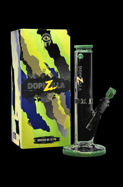 A studio shot of the Dopezilla Cyclops Straight Tube Water Pipe, featuring vibrant green accents on clear glass.