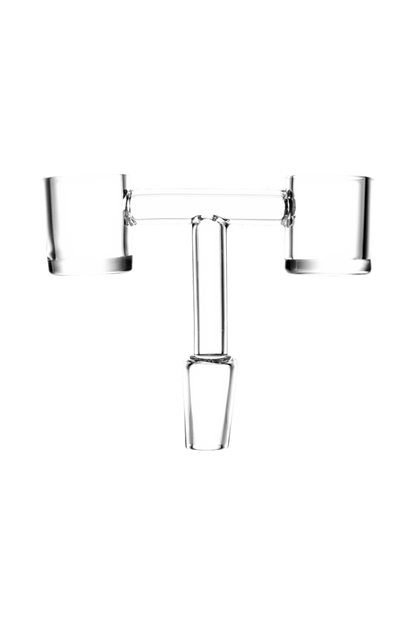Front view of the Double Barrel Dual Quartz Banger, a 14.5mm male with two clear quartz inserts visible within its cylindrical shape.